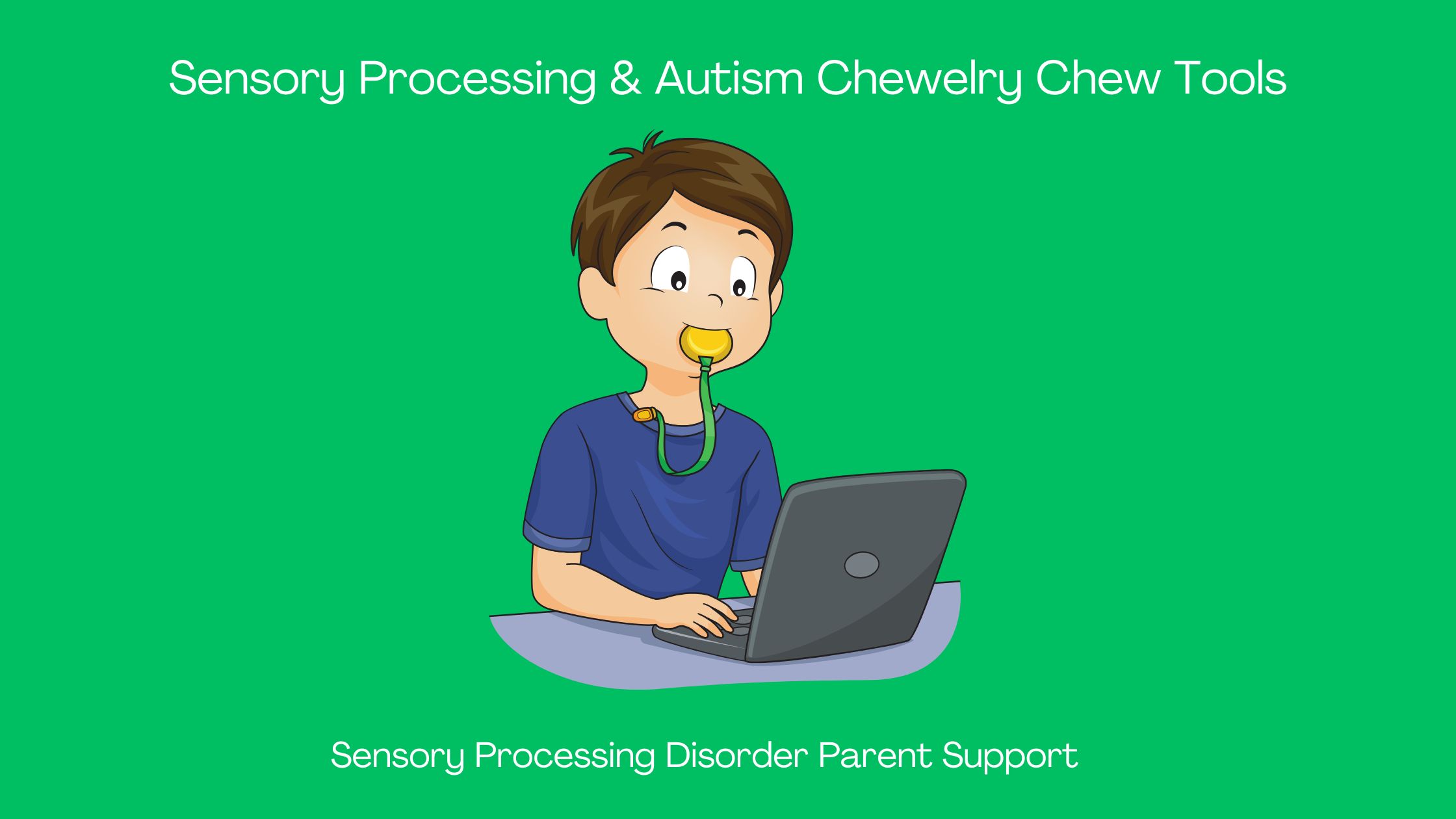 Boy with sensory processing disorder sitting at his laptop chewing on a chewelry chew necklace Sensory Processing & Autism Chewelry Chew Tools