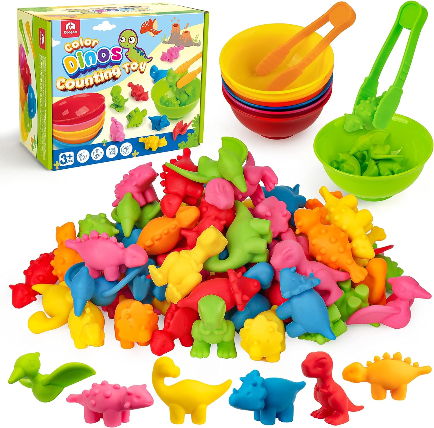 Counting Dinosaur Sorting Toy Set, Color Matching Classification Game, Montessori Fine Motor Skill