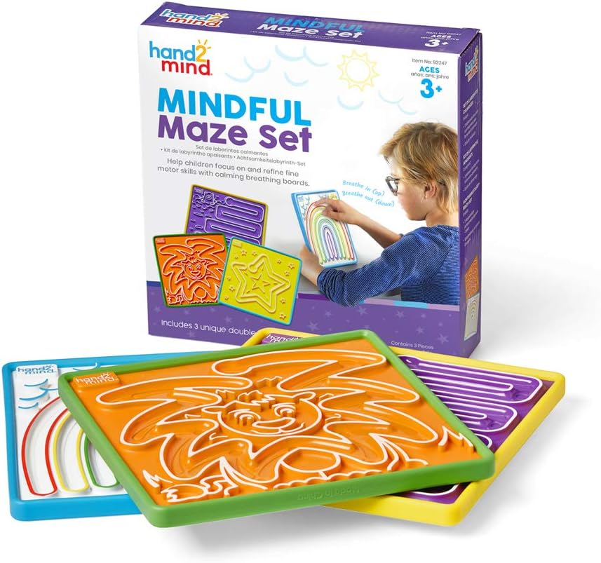 Hand2mind Mindful Maze Boards, 3 Double Sided Breathing Boards with Finger Paths