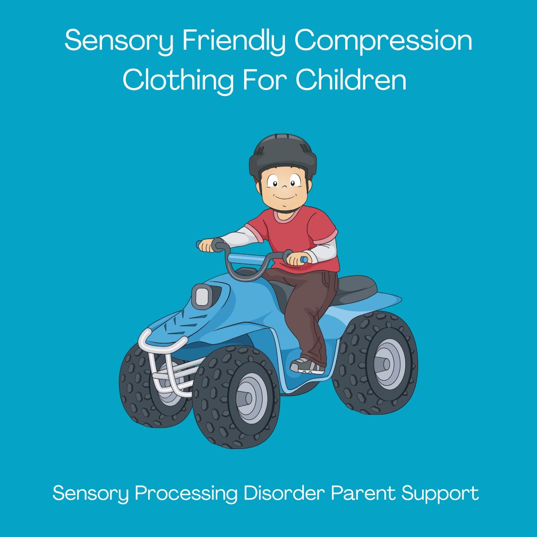 child on four wheeler quad wearing sensory friendly compression clothing