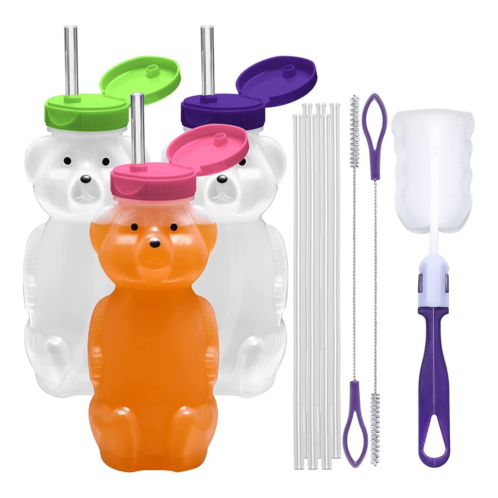 3-pack Juice Bear Bottle Drinking Cup with Long Straws Oral motor