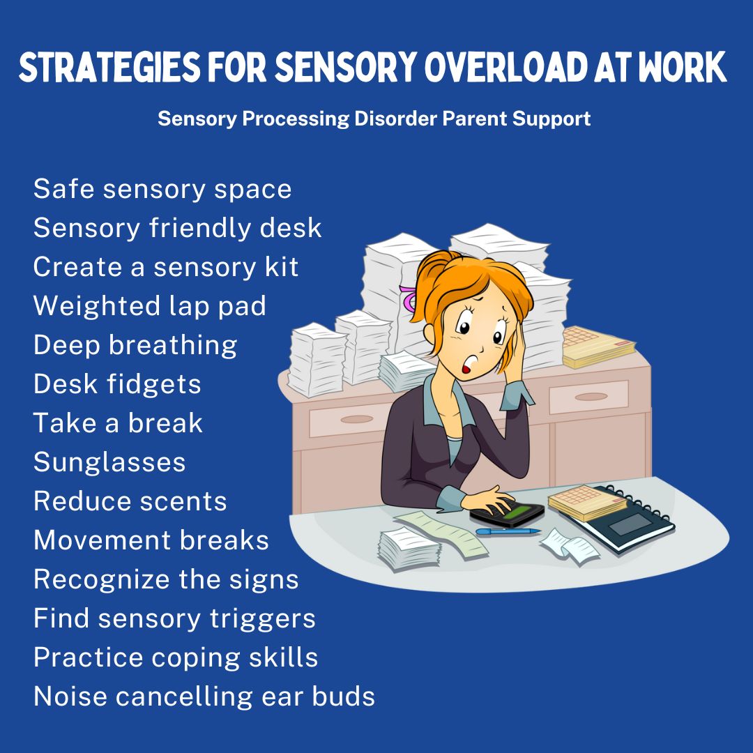 Strategies For Sensory Overload At Work  Safe sensory space  Sensory friendly desk Create a sensory kit Weighted lap pad Deep breathing Desk fidgets Take a break Sunglasses  Reduce scents Movement breaks  Recognize the signs Find sensory triggers Practice coping skills