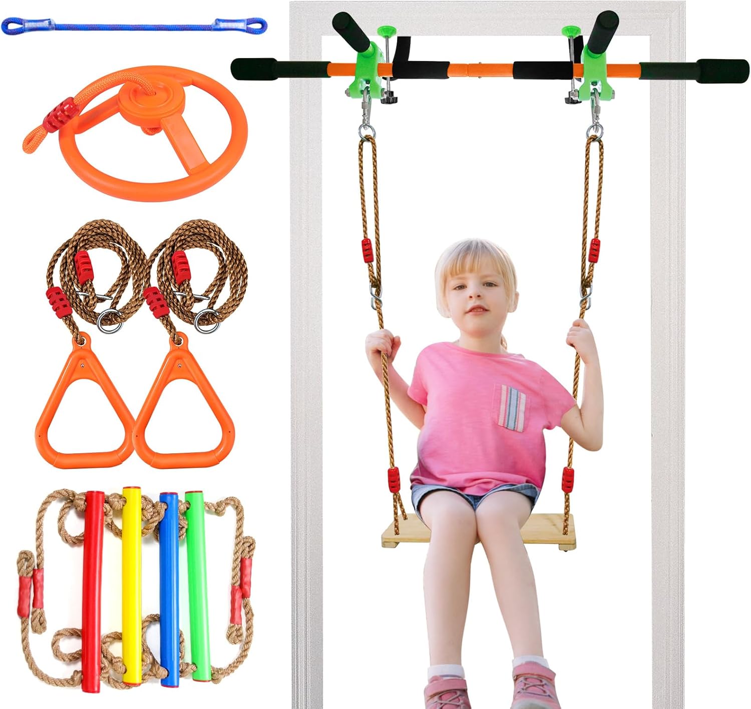 indoor kid swing, kids doorway swing, door pull up bar doorway with 4pcs, door pull up bar for Adults,doorway gym for kids with ladder rope，door swing