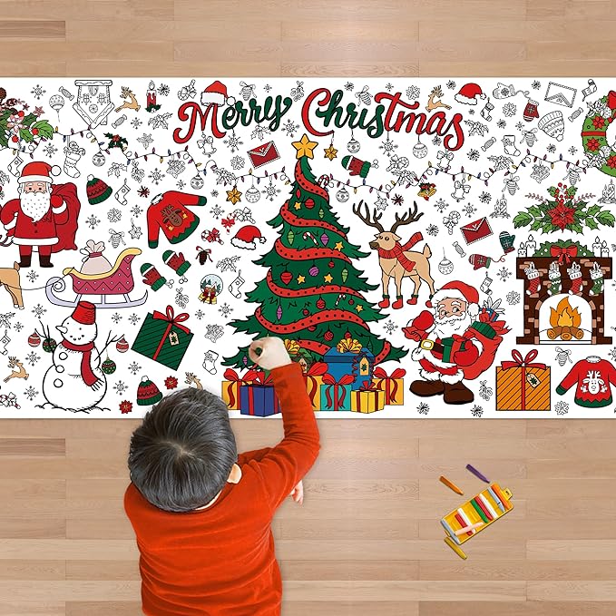 Xmas Giant Coloring Poster/Tablecloth-Christmas Crafts for Kids-30 x 72 Inches Jumbo Paper Coloring Banner Kids Gifts Activities Toys Party Classroom Christmas