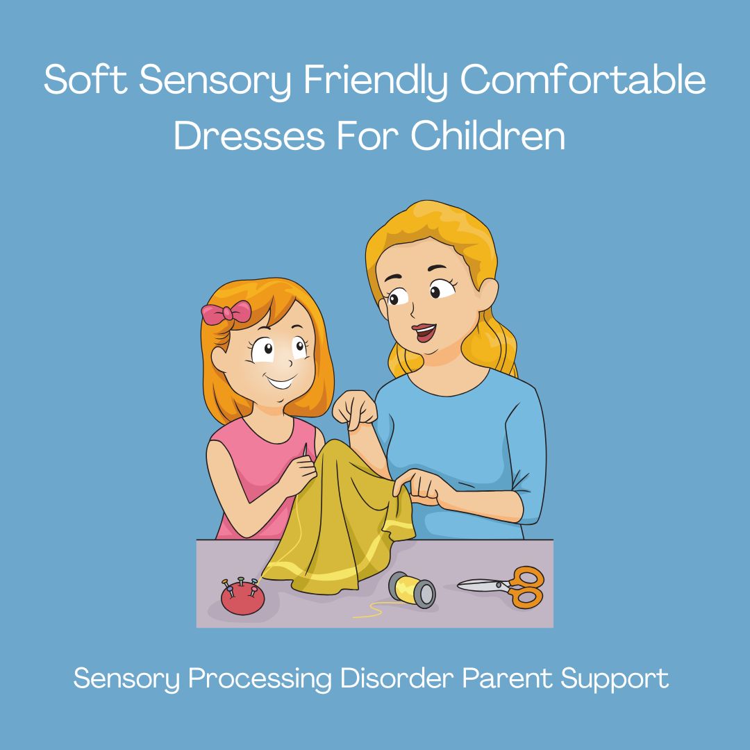 little girl with mom sewing sensory friendly dresses for children