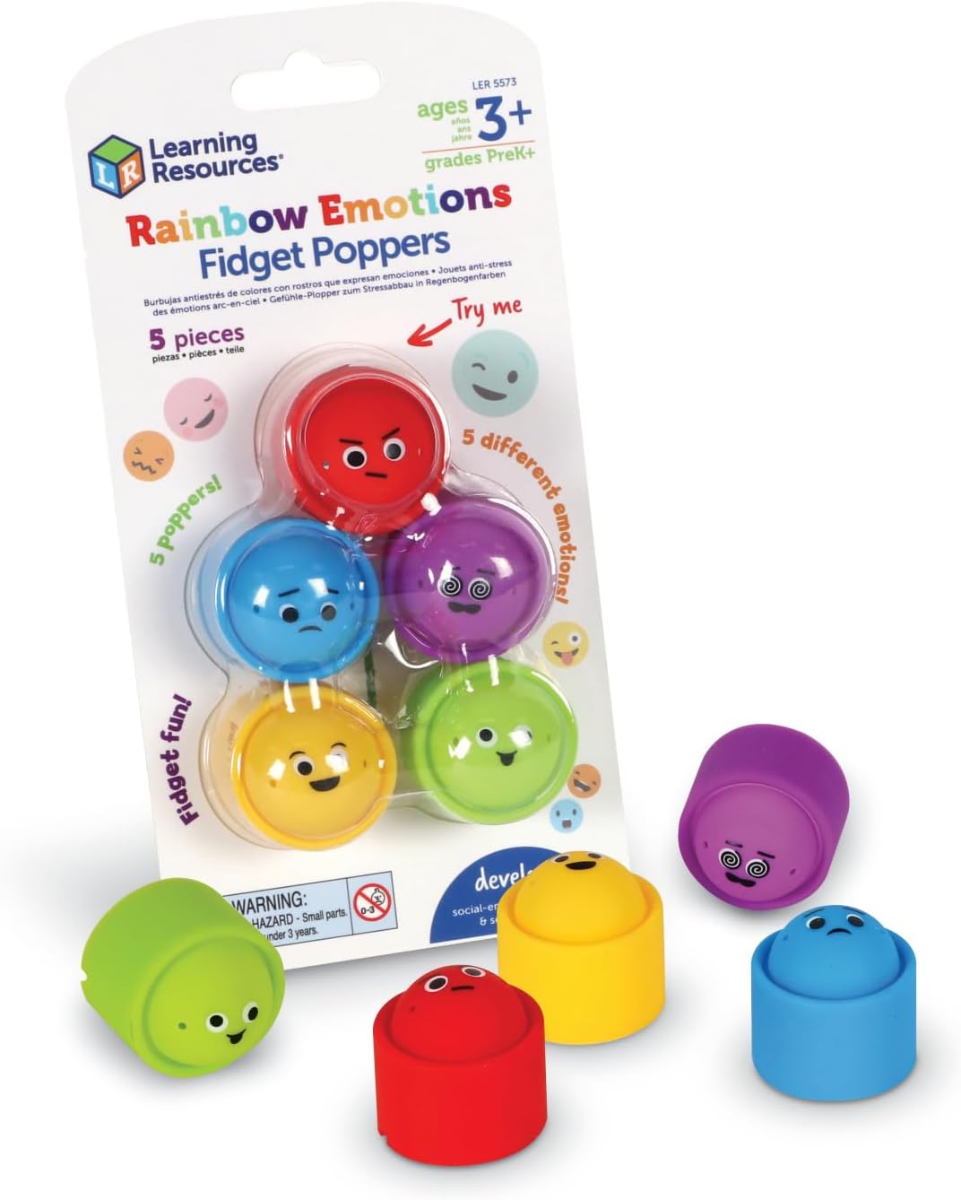 Learning Resources Rainbow Emotion Fidget Poppers, 5 Pieces, Ages 3+, Sensory Toys, Social-Emotional Learning,Sensory Toys for Toddlers,Calm Down Corner,Fine Motor Skills,Stocking Stuffers for Kids