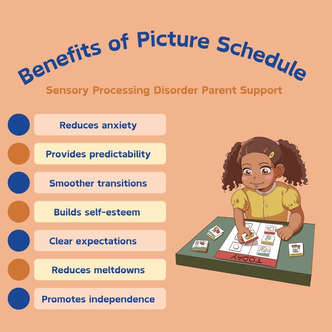child with sensory processing disorder looking at their daily picture schedule Visual Picture Schedules