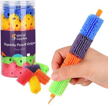 Special Supplies 50 Squishy Pencil Grips for Kids and Adults - Colorful, Cushioned Holders for Handwriting, Drawing, Coloring - Ergonomic Right or Left-Handed Use - Reusable
