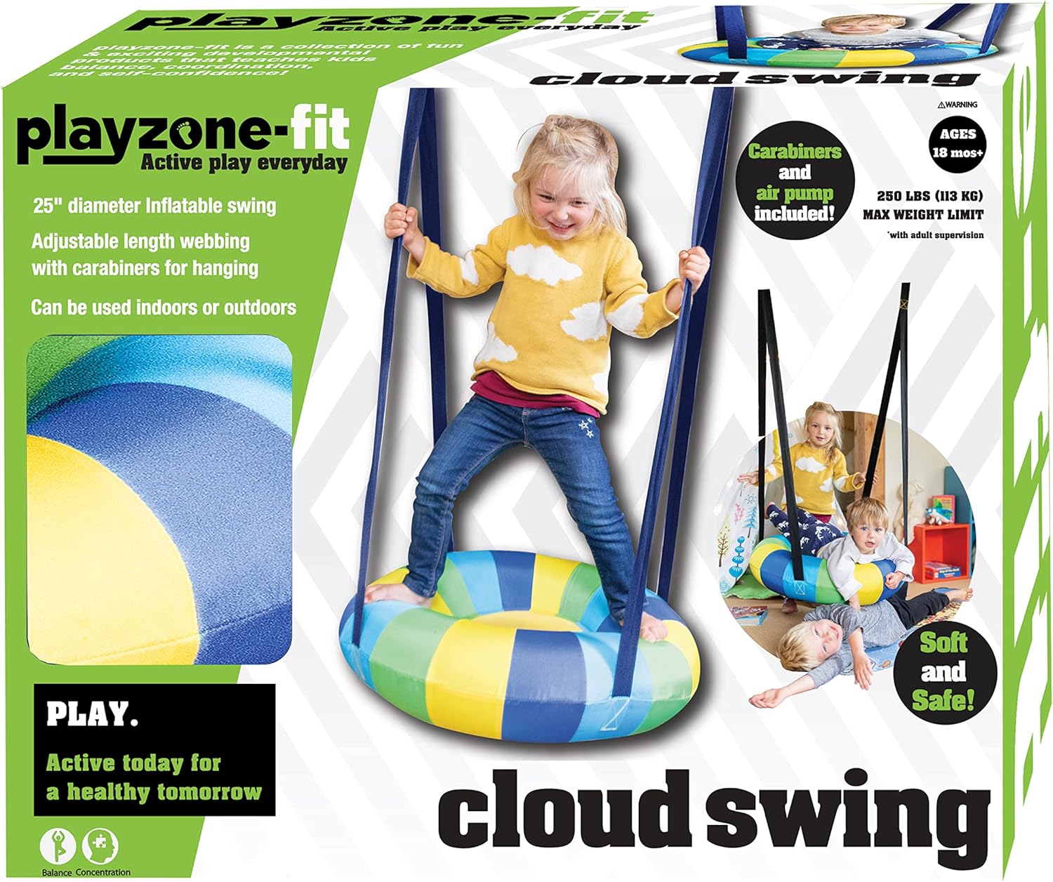 Playzone-Fit Cloud Swing - Hanging Inflatable Swing - Adjustable Lightweight and Super Soft - Great for Indoor and Outdoor Use - Recommended Ages 3+