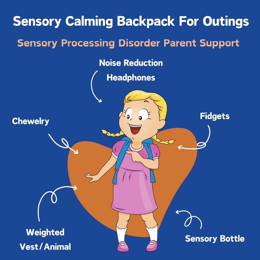 child with sensory processing disorder wearing a calming backpack kit sensory back pack sensory toys for outings sensory tools for when children go out in their backback