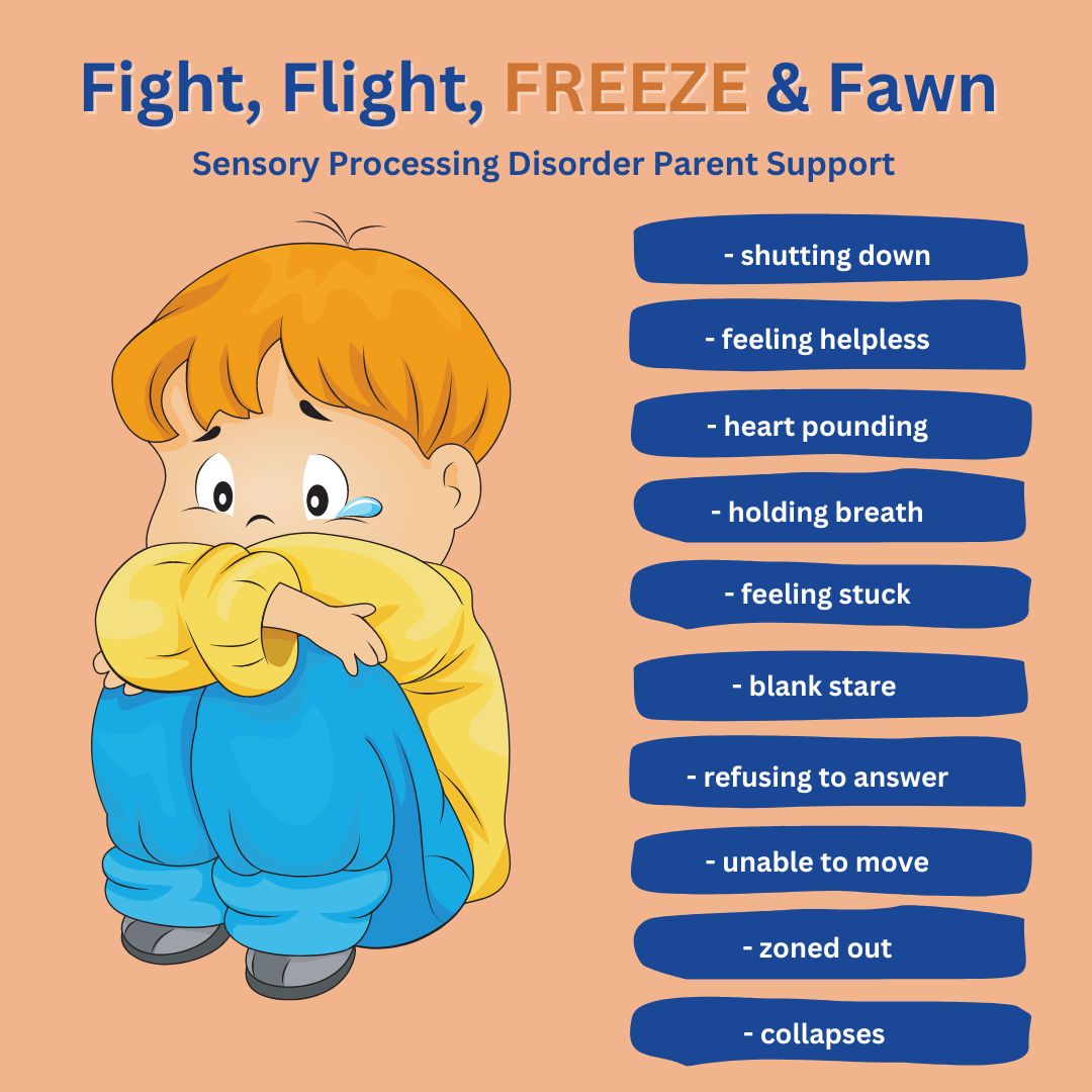 child with sensory processing disorder crying in freeze mode FREEZE response Fight Flight FREEZE Fawn