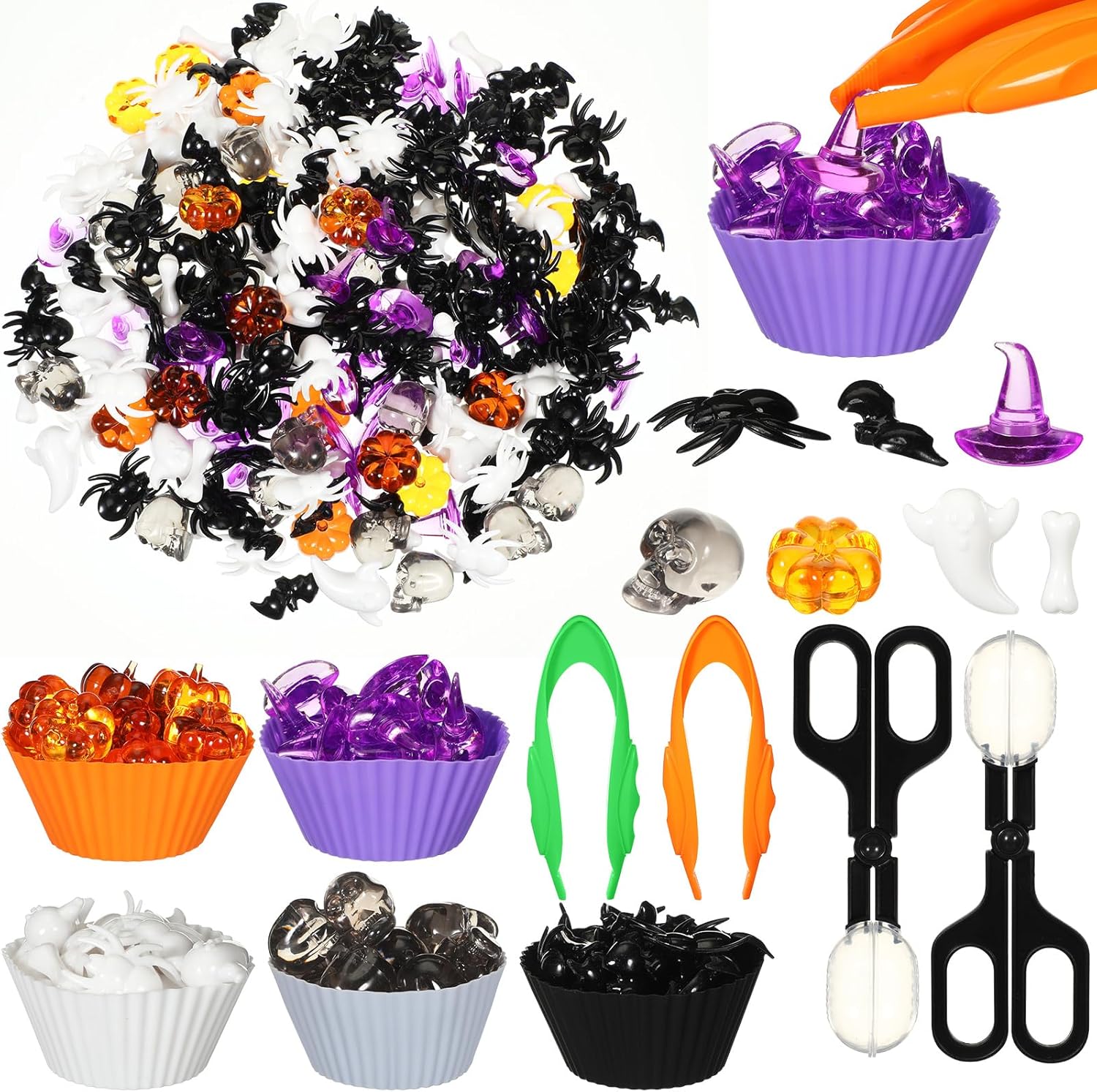 154 Pcs Halloween Fine Motor Toys Counting Sorting Sensory Bin Fillers 2 Kids Tweezers 140 Spider Bat Skull Head Witch Hat Skeleton Bone Pumpkin Vase