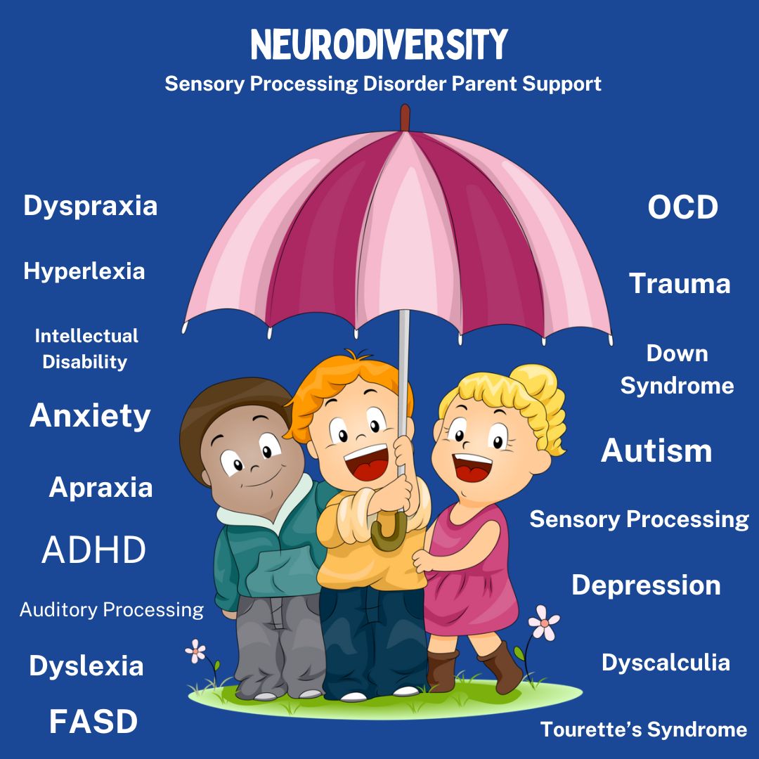 There are many differences that are included under the Neurodiversity umbrella. Here are a few. Auditory Processing Anxiety Dyslexia Dyspraxia ADHD Apraxia Intellectual Disability FASD Hyperlexia Autism Sensory Processing Dyscalculia Tourette’s Syndrome Down Syndrome Trauma OCD Depression. Neurodivergent Neurodiversity