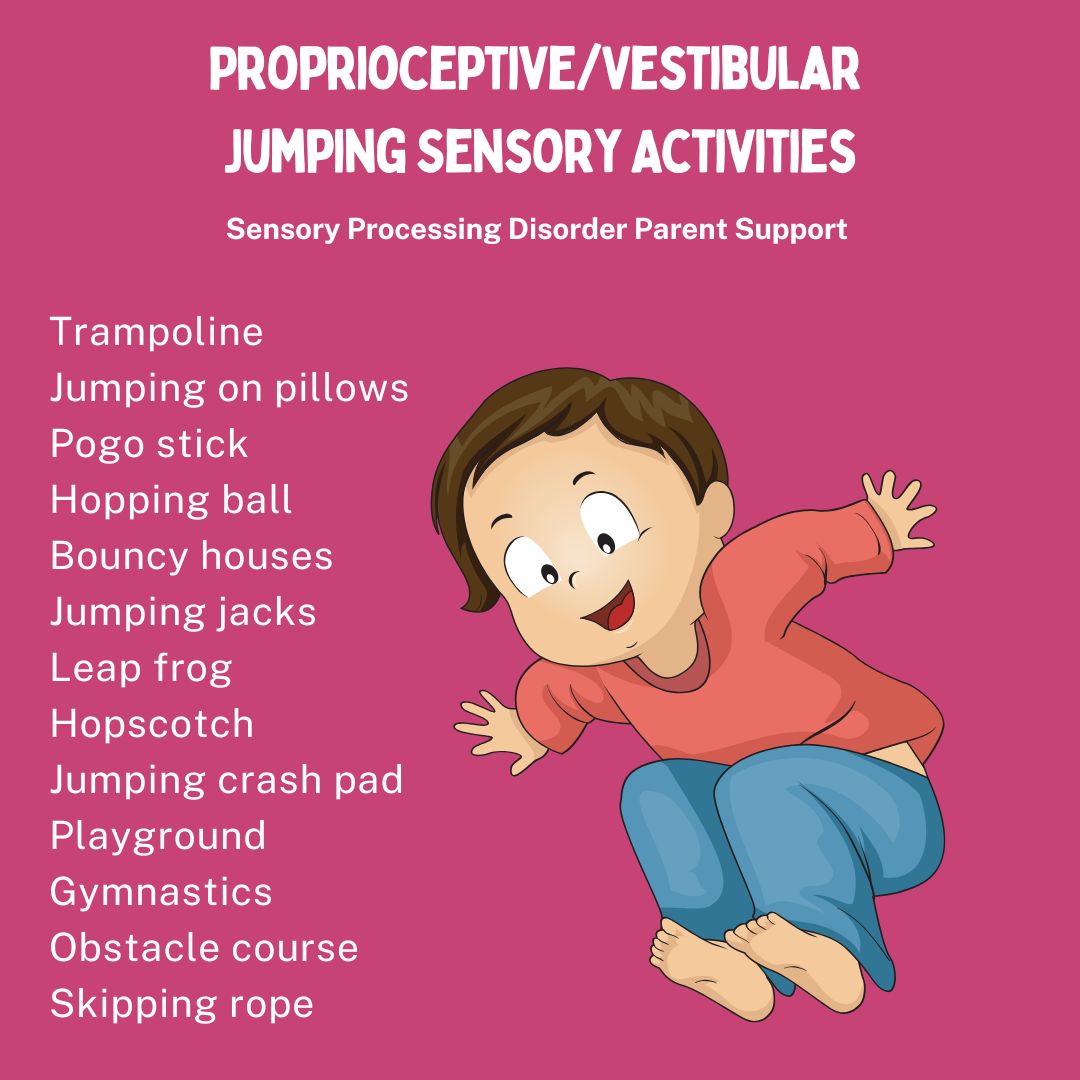 Proprioceptive/Vestibular Jumping Sensory Activities Trampoline  Jumping on pillows Pogo stick  Hopping ball  Bouncy houses Jumping jacks  Leap frog Hopscotch  Jumping crash pad  Playground  Gymnastics  Obstacle course  Skipping rope