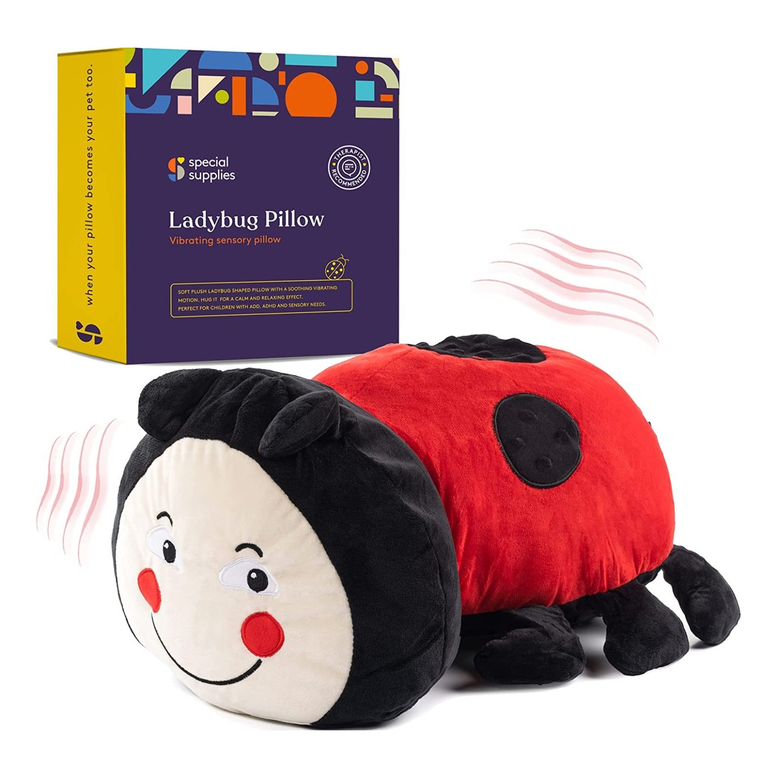 Special Supplies Ladybug Sensory Vibrating Pillow, Pressure Activated for Kids and Adults, Plush Minky Soft with Textured Therapy Stimulation Bumps