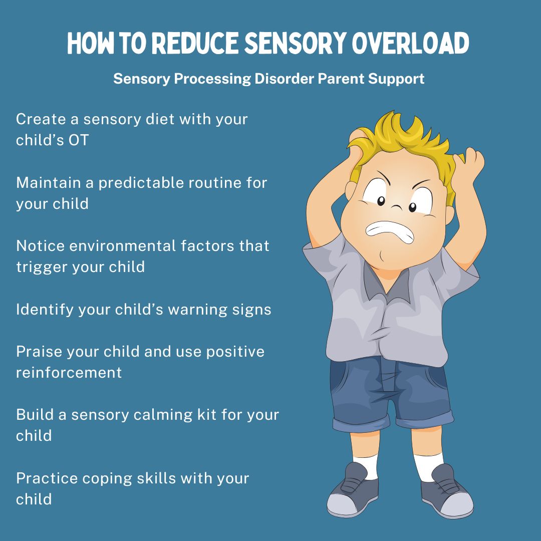 frustrated young boy upset and frustrated with sensory overload and next to a diagram about sensory processing disorder sensory overload about to have a sensory meltdown