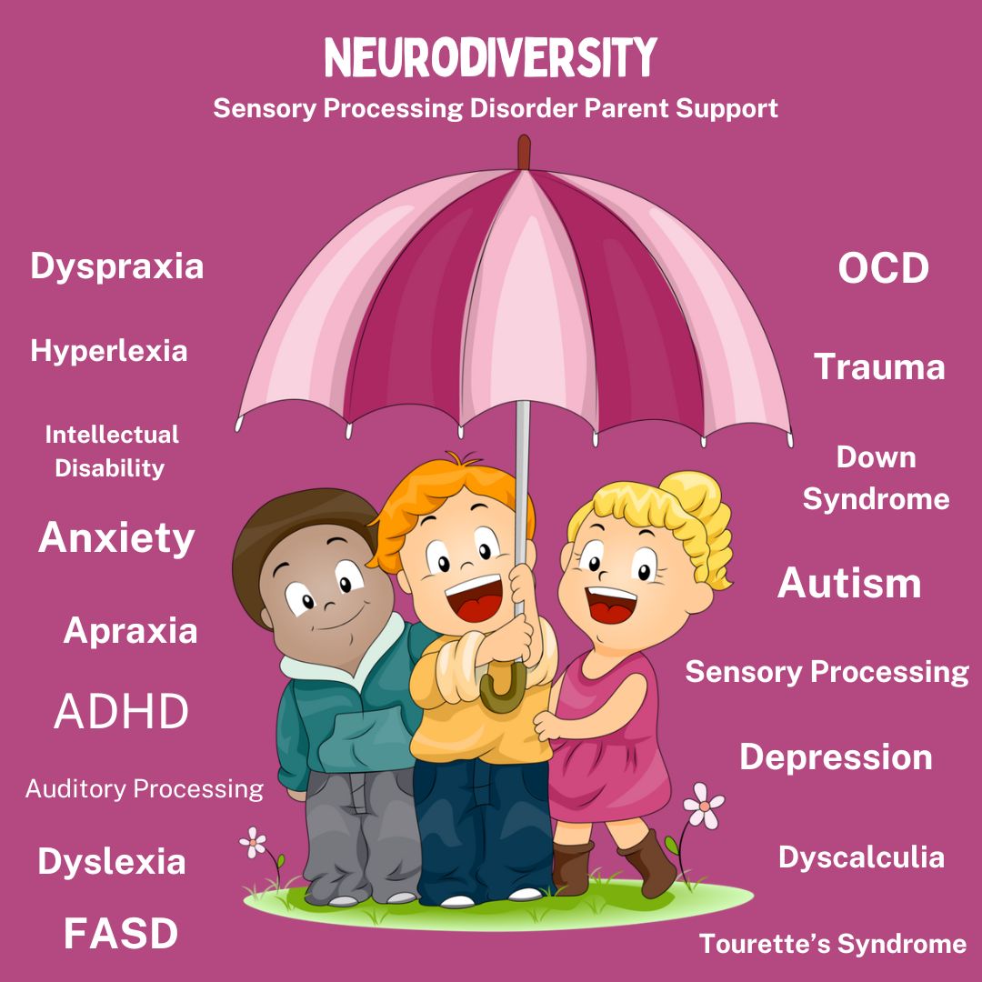 There are many differences that are included under the Neurodiversity umbrella. Here are a few. Auditory Processing Anxiety Dyslexia Dyspraxia ADHD Apraxia Intellectual Disability FASD Hyperlexia Autism Sensory Processing Dyscalculia Tourette’s Syndrome Down Syndrome Trauma OCD Depression. Neurodivergent Neurodiversity