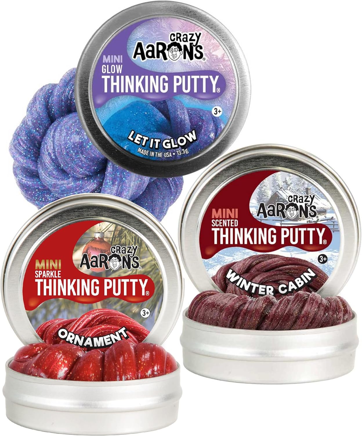 Crazy Aaron's Putty Mini Tins Holiday (Christmas) Trio Set with Winter Cabin, Ornament & Let it Glow