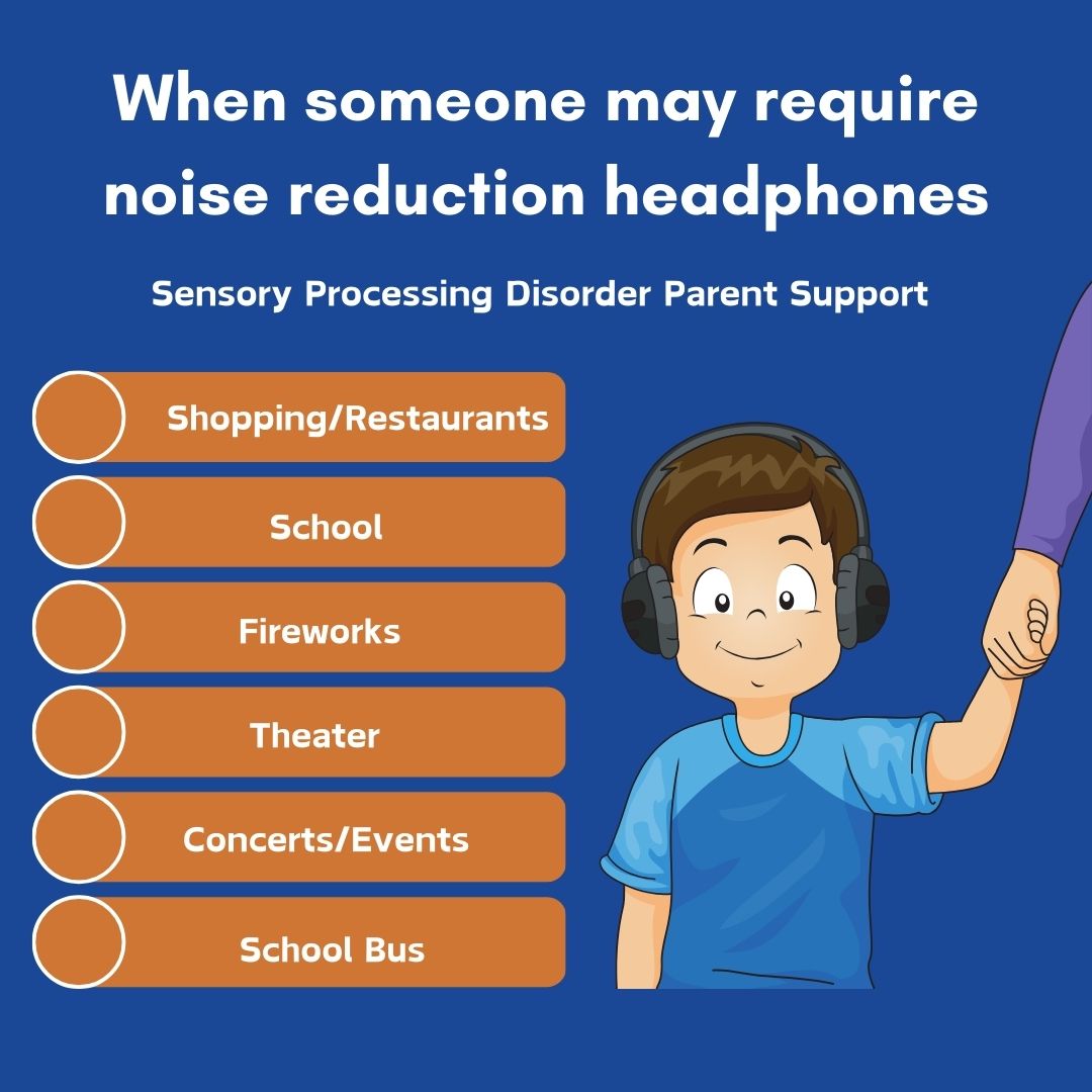 child with sensory processing disorder who struggles with auditory processing disorder wear sensory noise reduction headphones holding their parents hand Sensory Processing Disorder Ear Protection Earmuffs, Ear Plugs & Noise Reduction  Earphones