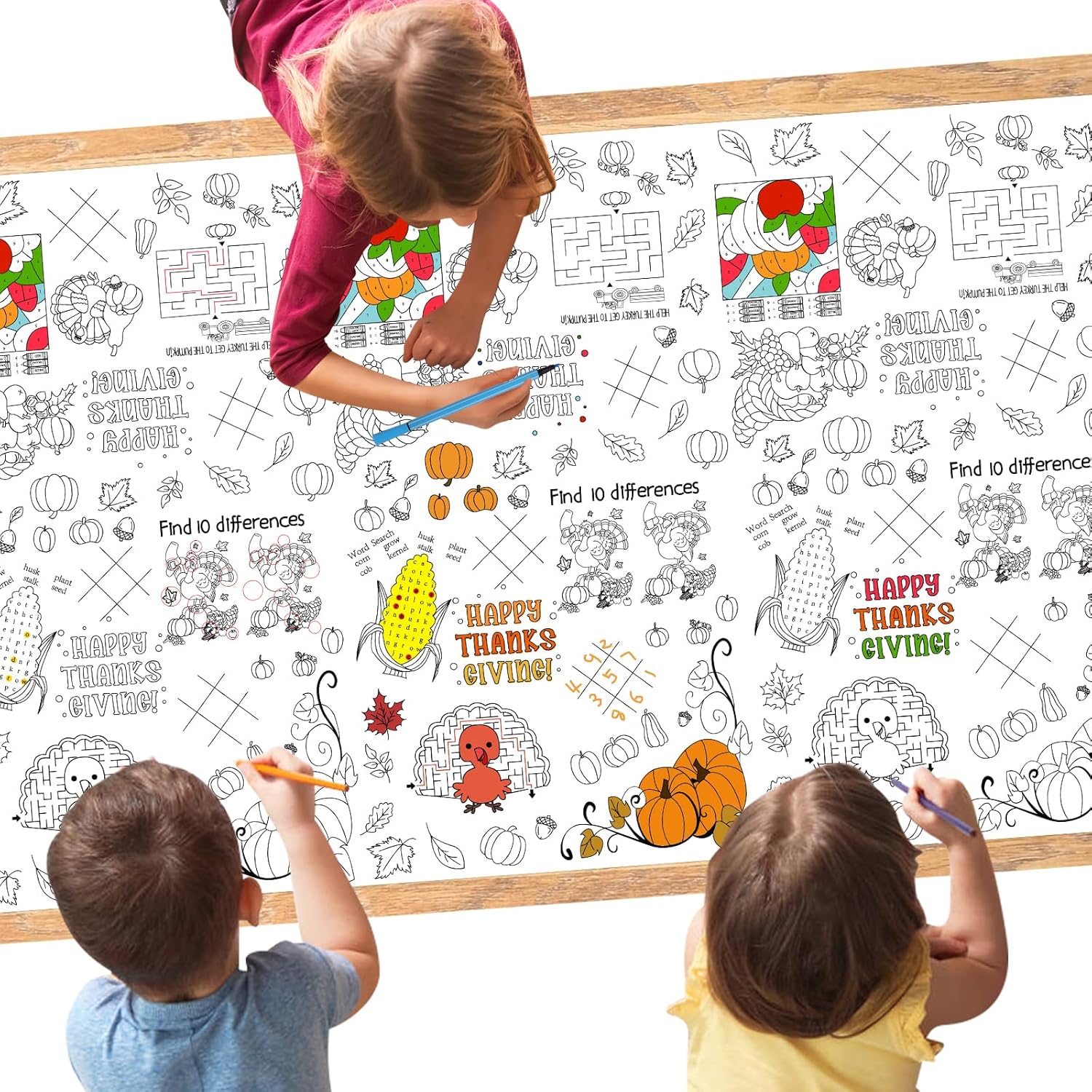 Thanksgiving Coloring Tablecloth for Kids, Giant Fall Coloring Poster Turkey Pumpkin 88 x 54 inches Disaposible Paper Table Cover Jumbo Coloring.