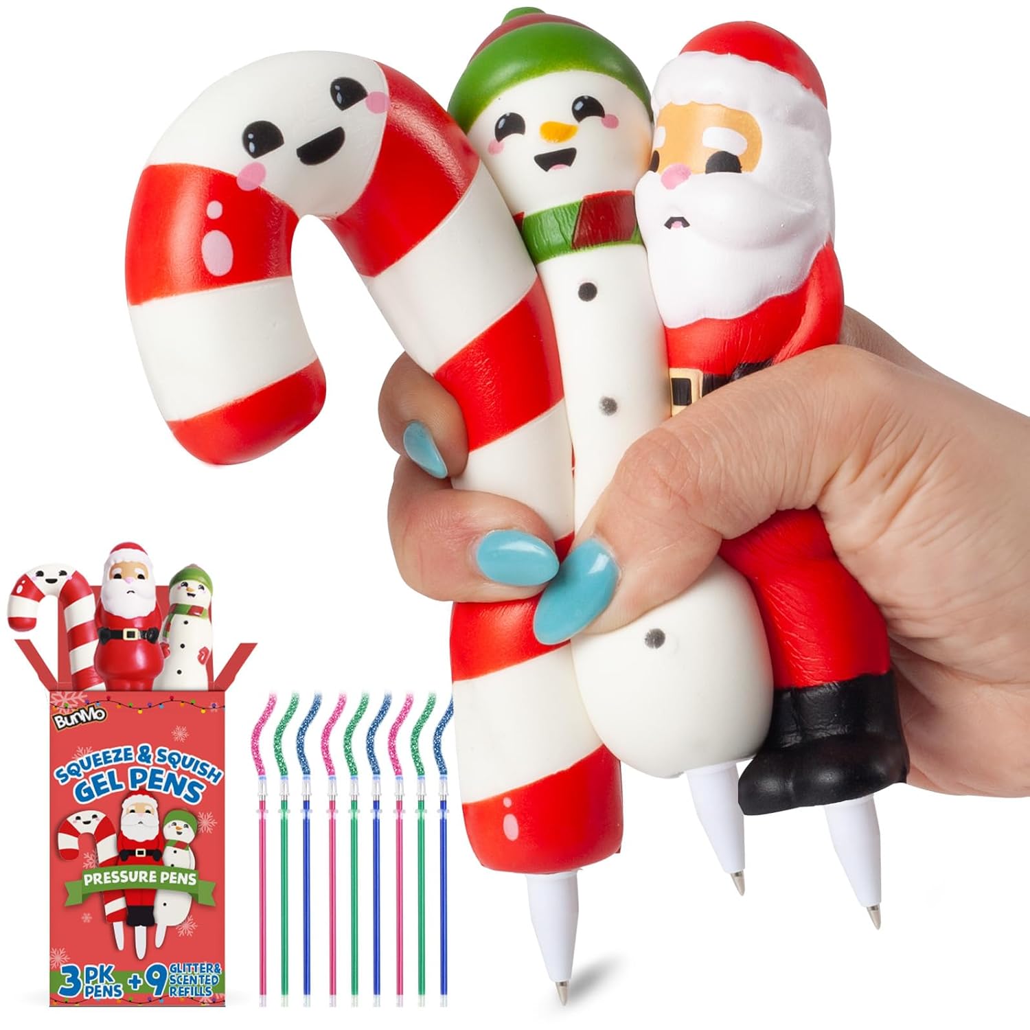 BUNMO Christmas Stocking Stuffers - Squishy Christmas Pens 3pk - Cute Stocking Stuffers for Kids - Stocking Stuffers for Girls Boys 8-12 & Teens - Holiday Pens for Christmas Gifts