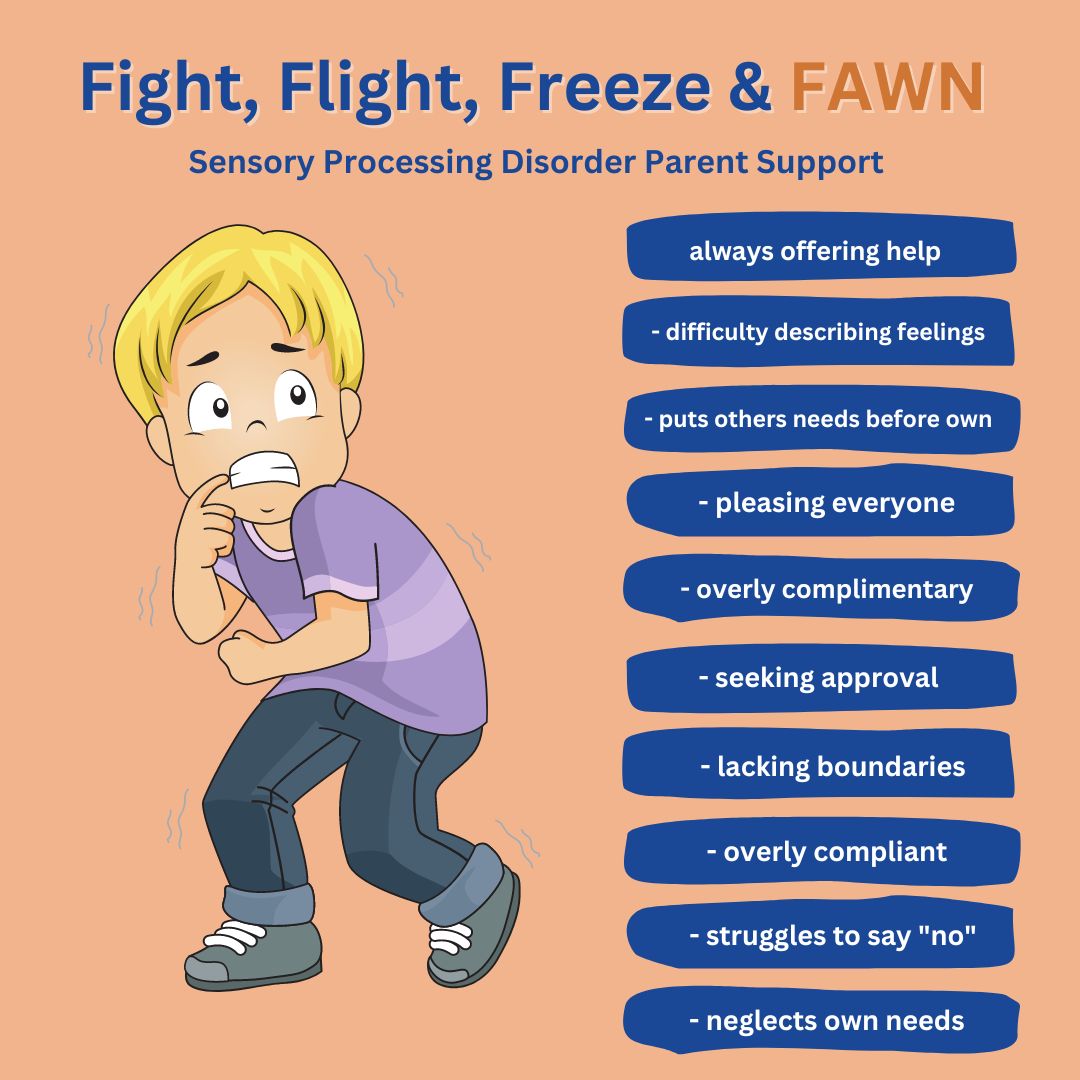 child with sensory processing disorder in fawn response mode FAWN response Fight Flight Freeze FAWN