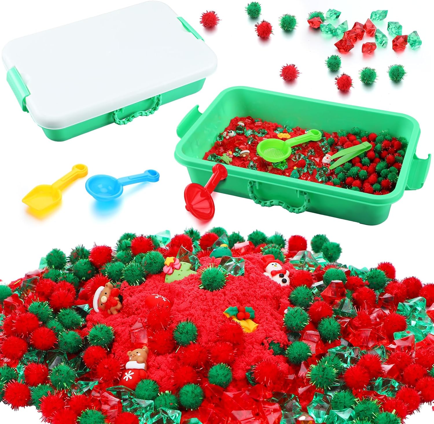 Christmas Sensory Bin with Lid, 317 Pcs Christmas Sensory Sand Kit with Christmas Toys Preschool Learning Activities Tools Box Outdoor Sandbox