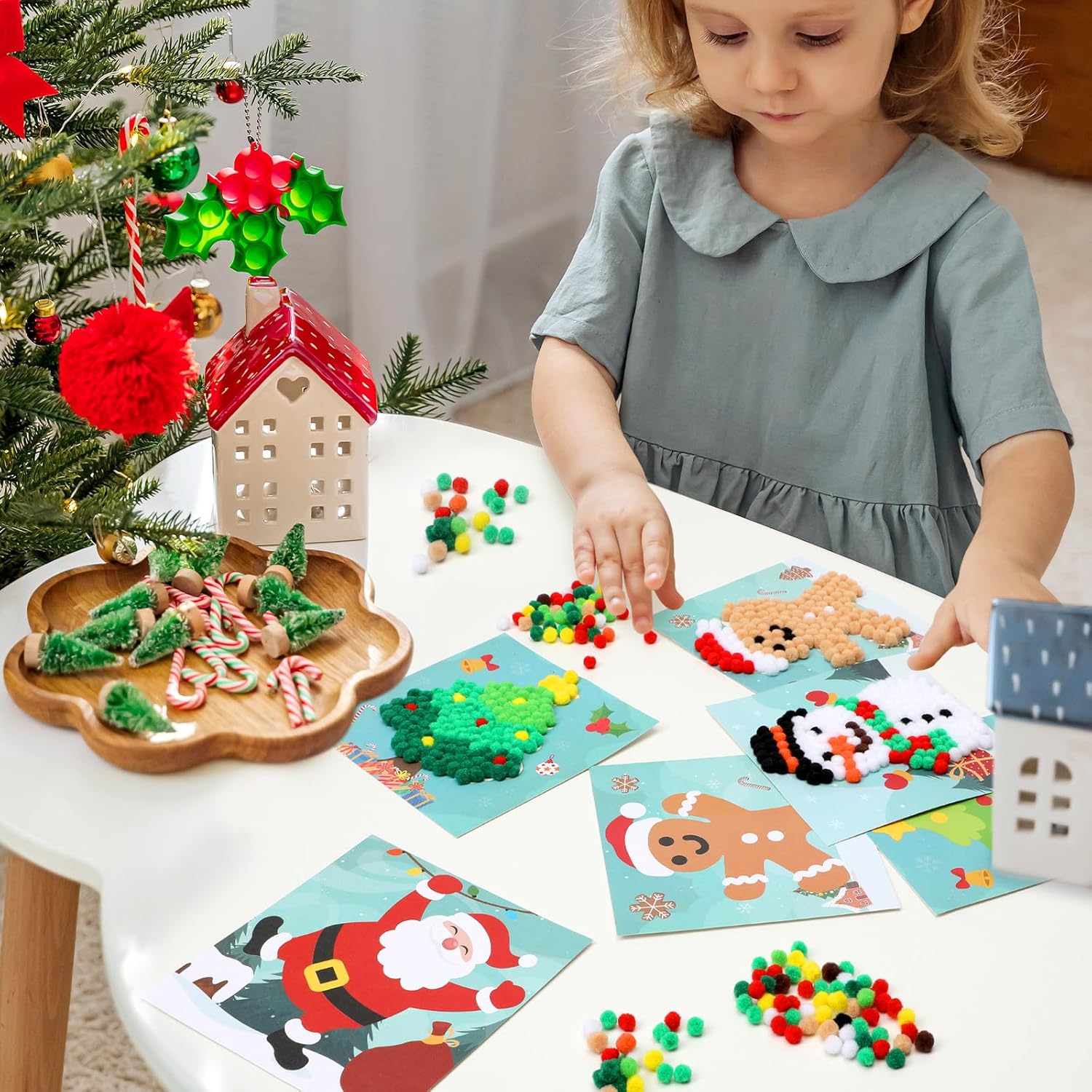 DIY Pom Pom Art - Christmas Crafts Kit for Kids Santa Christmas Tree Reindeer Gingerbread Snowman