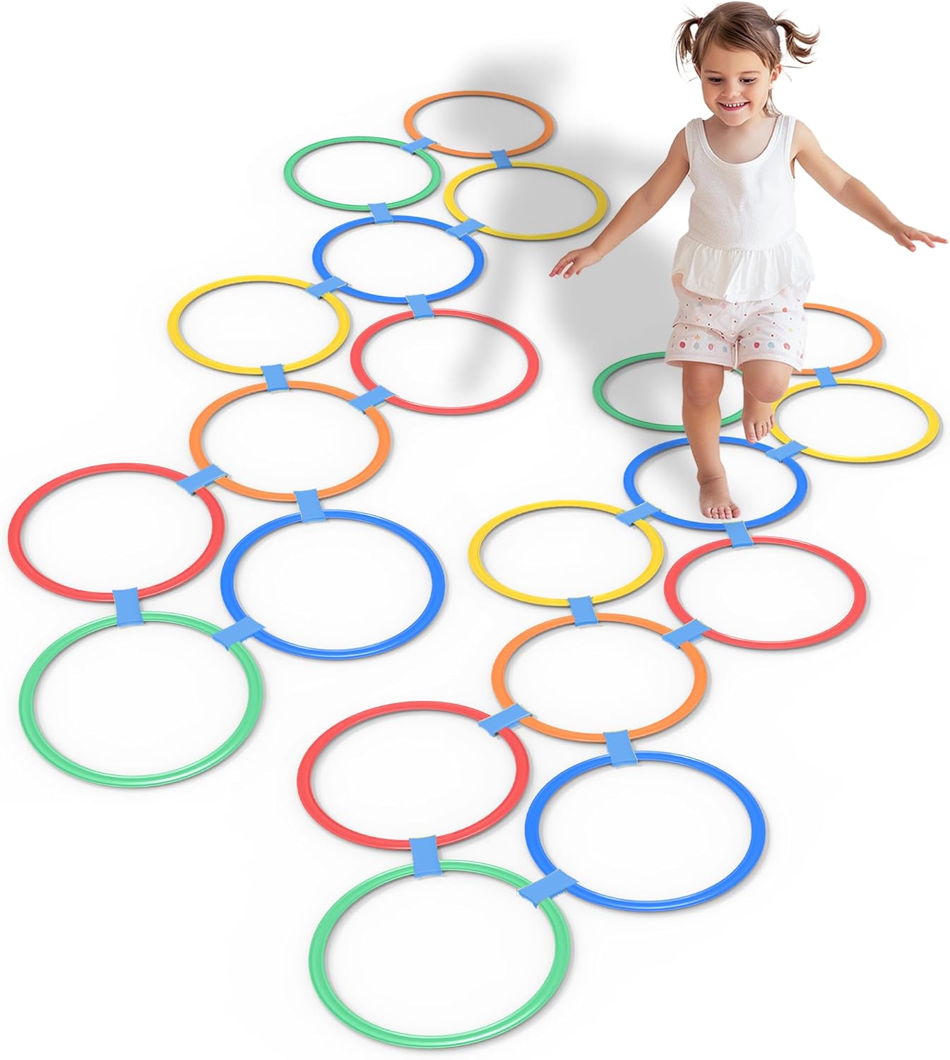 2 Sets Hopscotch Rings, 20 Plastic Round Hoops with 30 Connectors for Toddlers Gross Motor Skills, 11 Inch Indoor/Outdoor Agility Rings for Kids Playground Obstacle Course