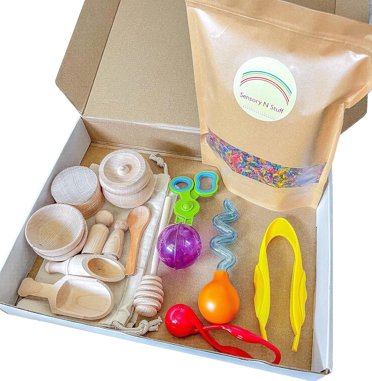 Brightly Colored Handmade Rainbow Rice Sensory Bin With Tools: The Perfect Sensory Play Set, Great Gift Idea For Children (10 Piece Wooden Tool Set)