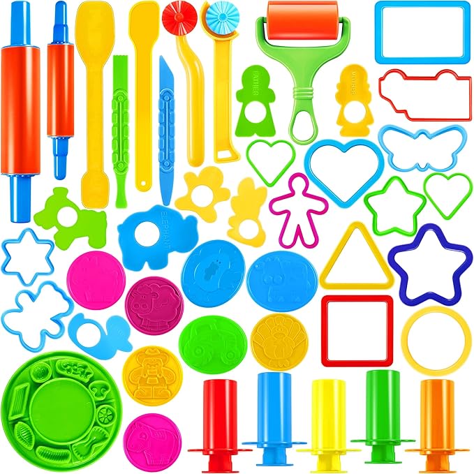 Play Dough Accessories Set for Kids, Playdough Tools with Various Plastic Molds, Rolling Pins, Cutters