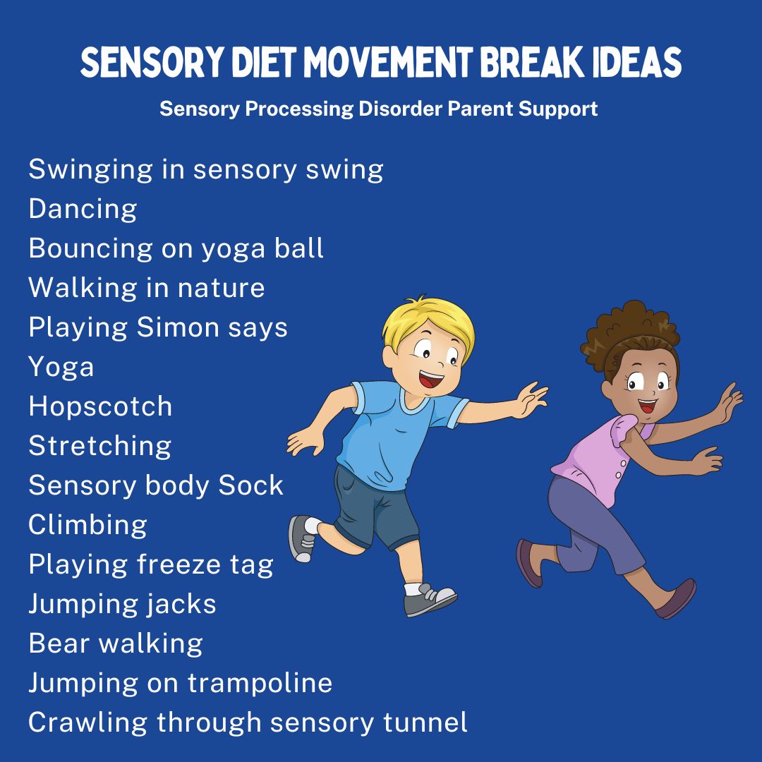 Sensory Diet Movement Break Ideas Swinging in sensory swing Dancing  Bouncing on yoga ball  Walking in nature Playing Simon says  Yoga  Hopscotch Stretching  Sensory body Sock Climbing Playing freeze tag Jumping jacks Bear walking Jumping on trampoline  Crawling through sensory tunnel