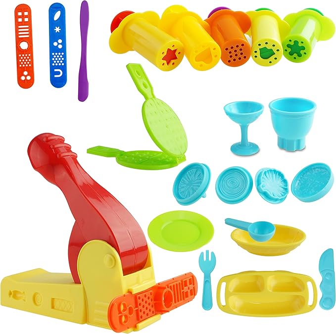 Set of 22pcs Smart Playdough Dough Tools Kit Breakfast Time Set with Extruder Machine, Extruders, Models and Molds, Dough Cutter Playdough Accessories, Kids Toys