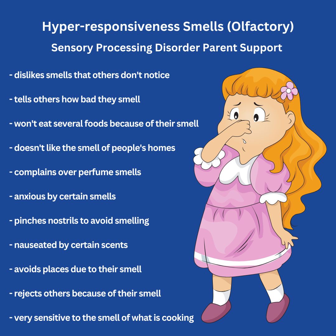 Sensory Processing Disorder Symptoms Checklist Hyper-responsiveness Smells (Olfactory) Sensory Processing Disorder Symptoms Checklist sensory checklist sensory symptoms checklist sensory processing symptoms sensory symptoms checklist sensory processing disorder checklist  SPD checklist SPD symptoms