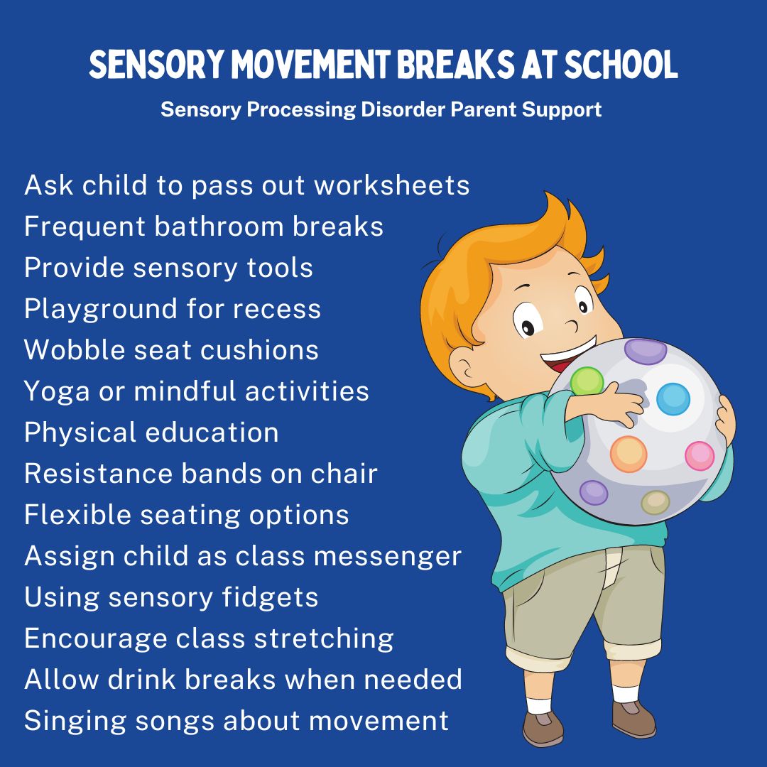 Sensory Movement Breaks at School Ask child to pass out worksheets Frequent bathroom breaks Provide sensory tools  Playground for recess  Wobble seat cushions  Yoga or mindful activities  Physical education  Resistance bands on chair  Flexible seating options  Assign child as class messenger  Using sensory fidgets  Encourage class stretching  Allow drink breaks when needed Singing songs about movement