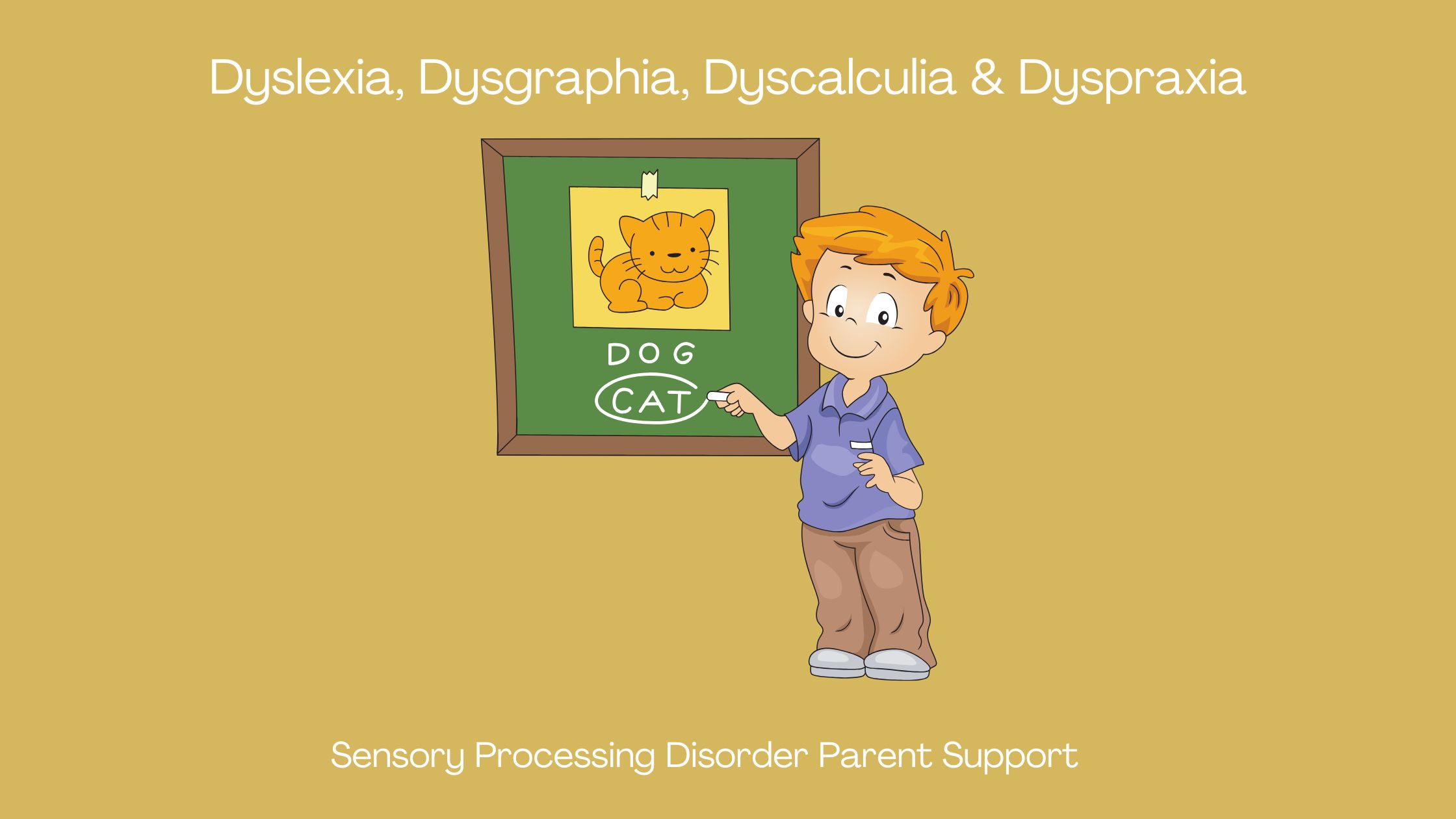 child who has dyslexia at a chalk board trying to spell cat and dog Dyslexia, Dysgraphia, Dyscalculia & Dyspraxia