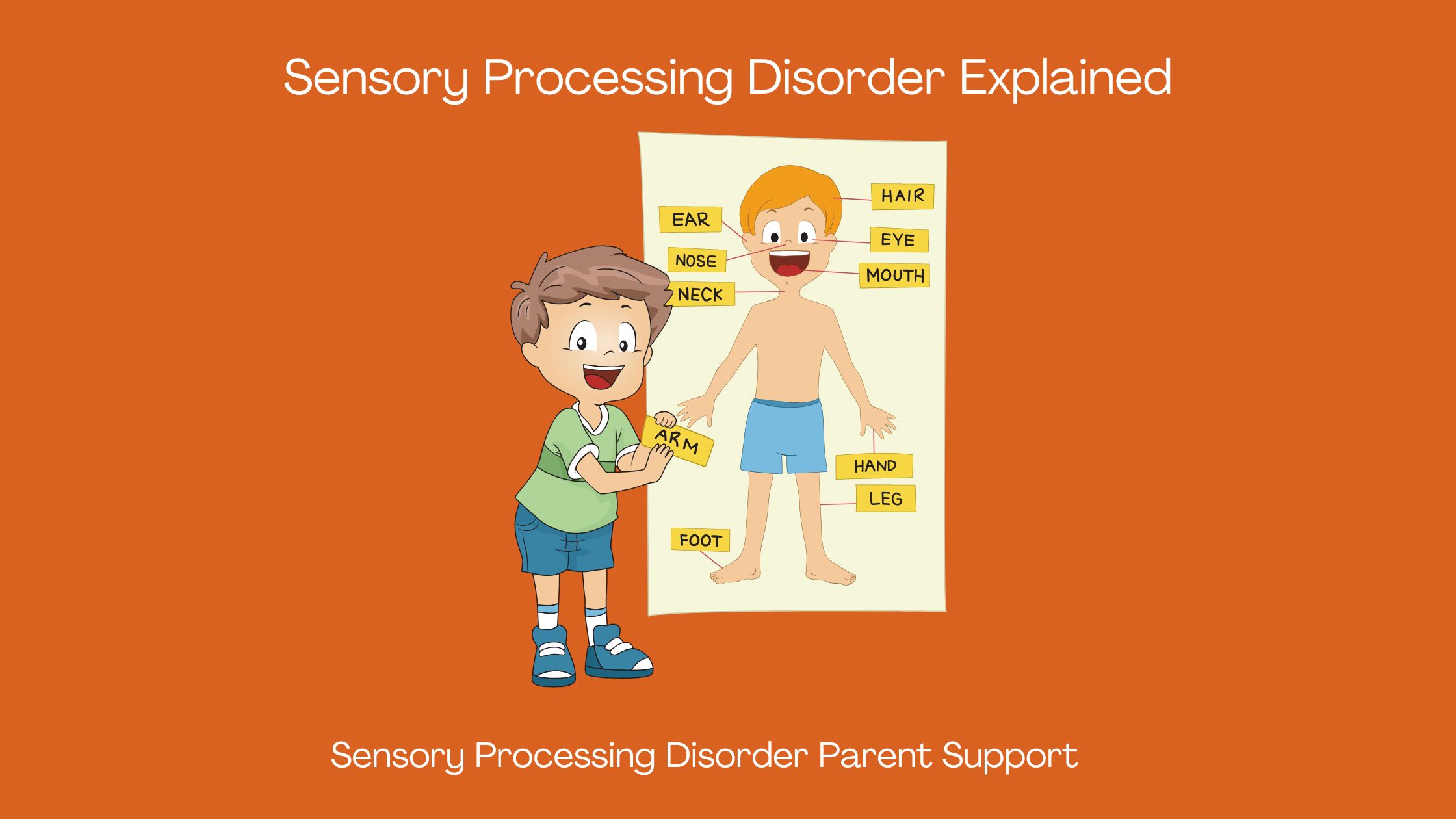 boy with sensory processing disorder explaining sensory processing disorder with a poster of a child who has SPD Sensory Processing Disorder Explained