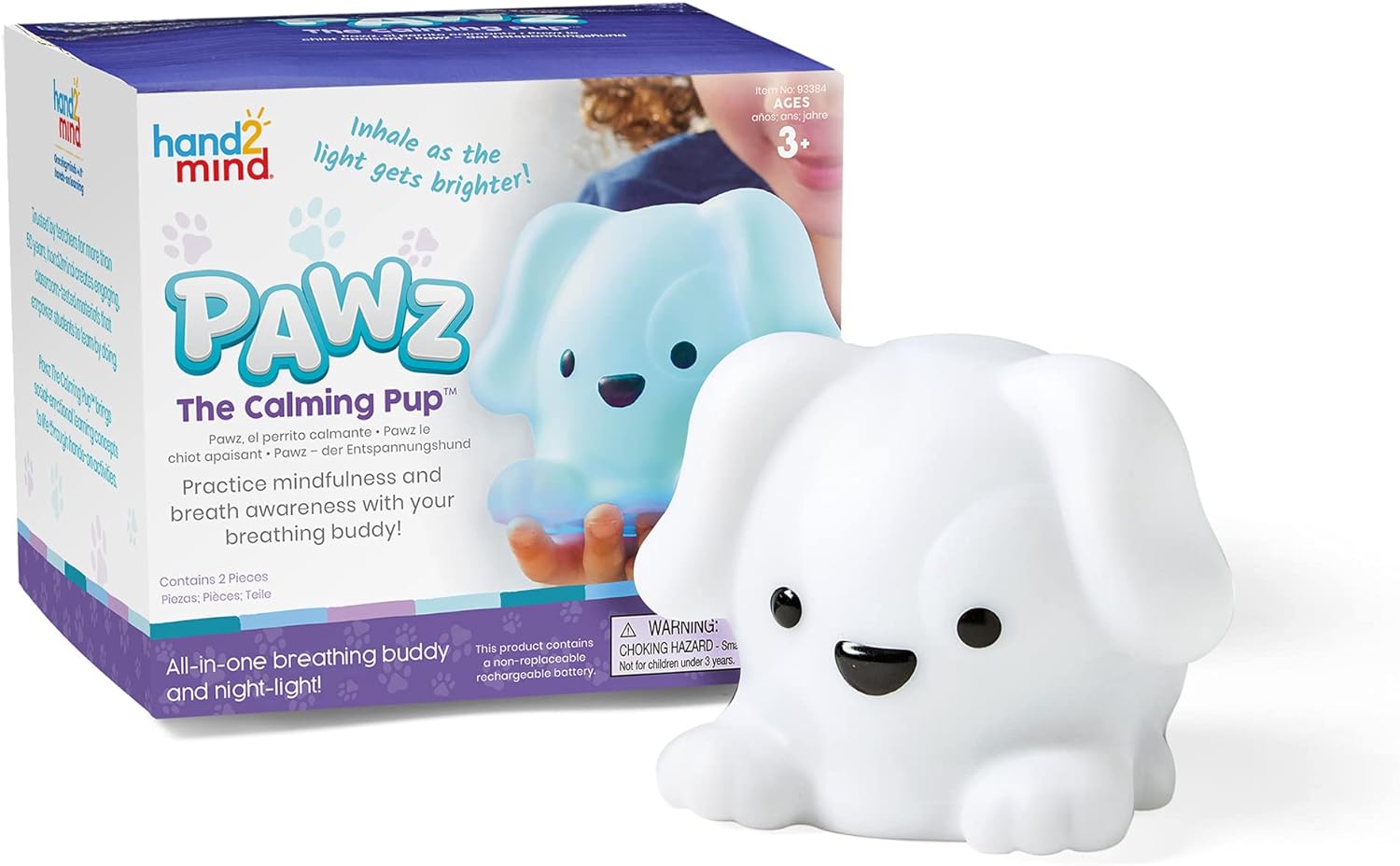 hand2mind PAWZ The Calming Pup, Learn Deep Breathing, Rechargeable Animal Night Light, Kids Anxiety Relief, Mindfulness for Kids