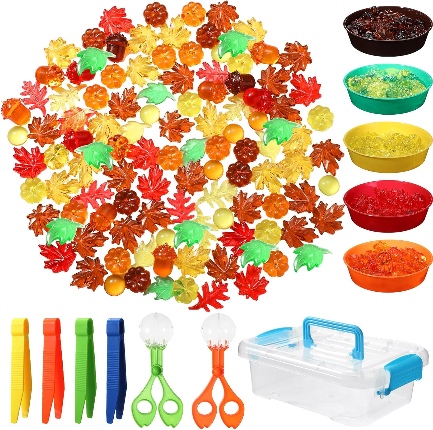 Fine Motor Toys Counting Sorting Fall Decorations, Sensory Bin Filler, 135 Acrylic Fall Leaves Pumpkin 4 Tweezers 2 Scissors Clips 5 Cups