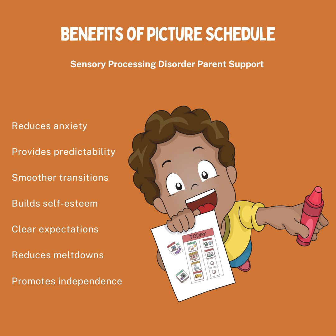 child with sensory processing disorder looking at their daily picture schedule Visual Picture Schedules