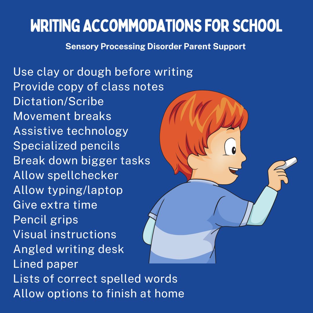 Writing Accommodations for School Use clay or dough before writing Provide copy of class notes Dictation/Scribe  Movement breaks  Assistive technology  Specialized pencils Break down bigger tasks Allow spellchecker  Allow typing/laptop   Give extra time  Pencil grips  Visual instructions Angled writing desk  Lined paper  Lists of correct spelled words Allow options to finish at home